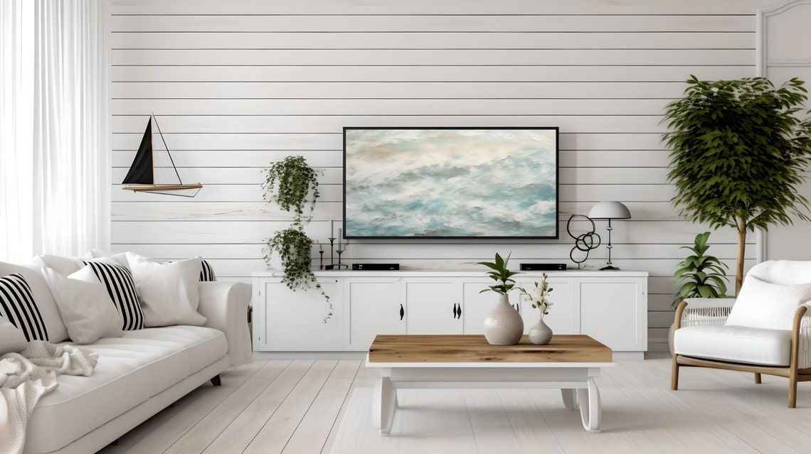 Abstract Ocean Waves Blue White Textured Coastal Painting Poster - Image 2