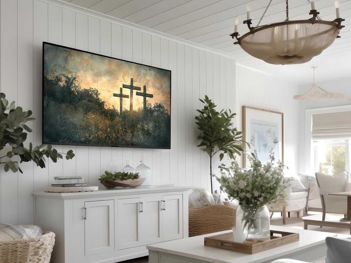 Three Crosses Hill Sunset Calvary Christian Easter Faith Wall Art - Image 2