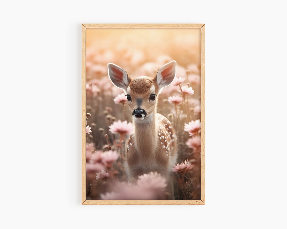 Baby Fawn In Pink Wildflower Field Golden Hour Nursery Art Poster