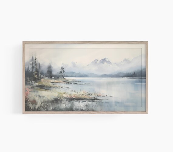Soft Muted Watercolor Misty Mountain Lake Landscape Decor Poster