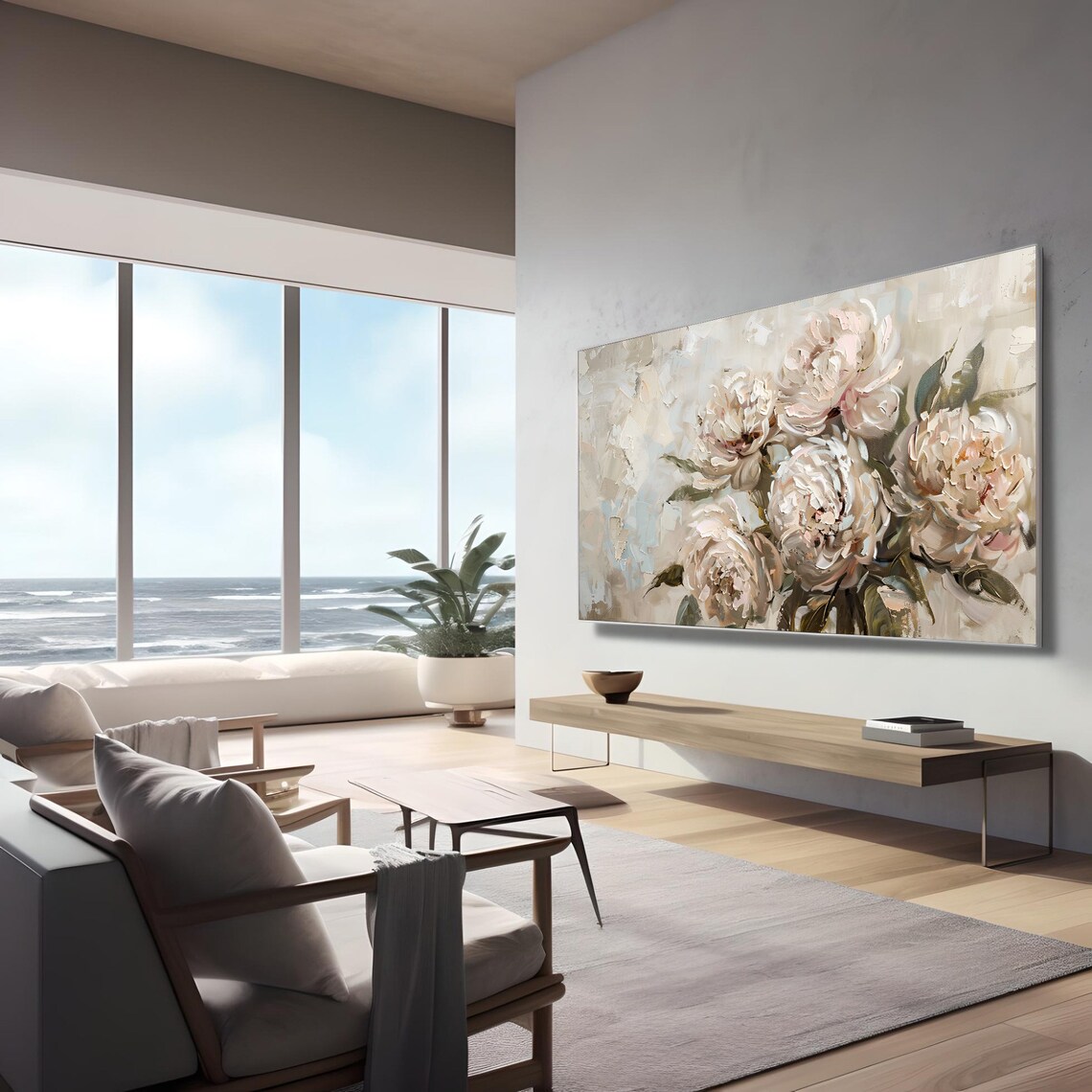 Blush Pink Peony Impasto Oil Painting Cream Soft Floral Poster - Image 2