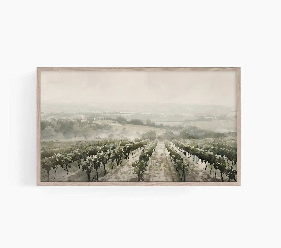 Misty Vineyard Rows Rolling Hills Morning Wine Country Landscape Poster