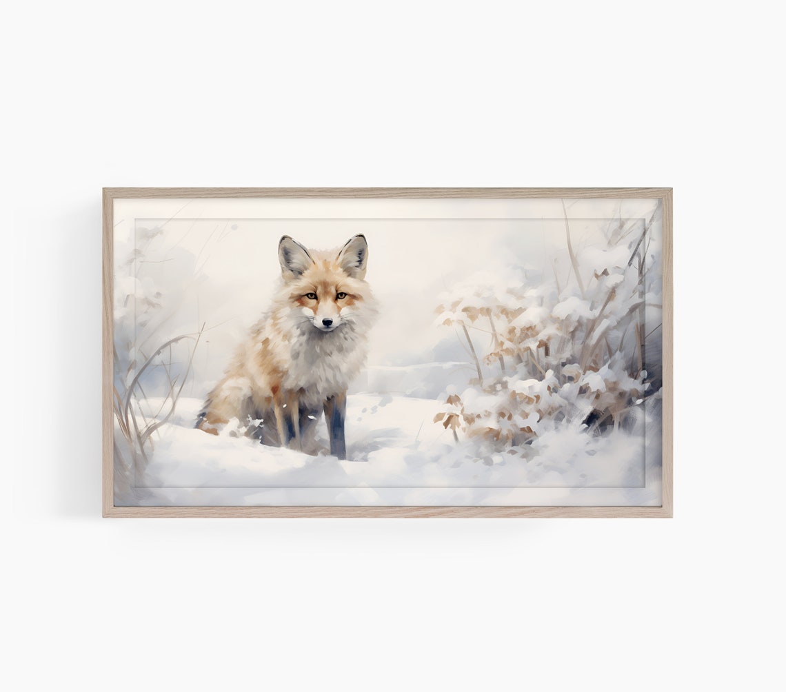 Red Fox Sitting In Snow Winter Watercolor Wildlife Rustic Wall Art