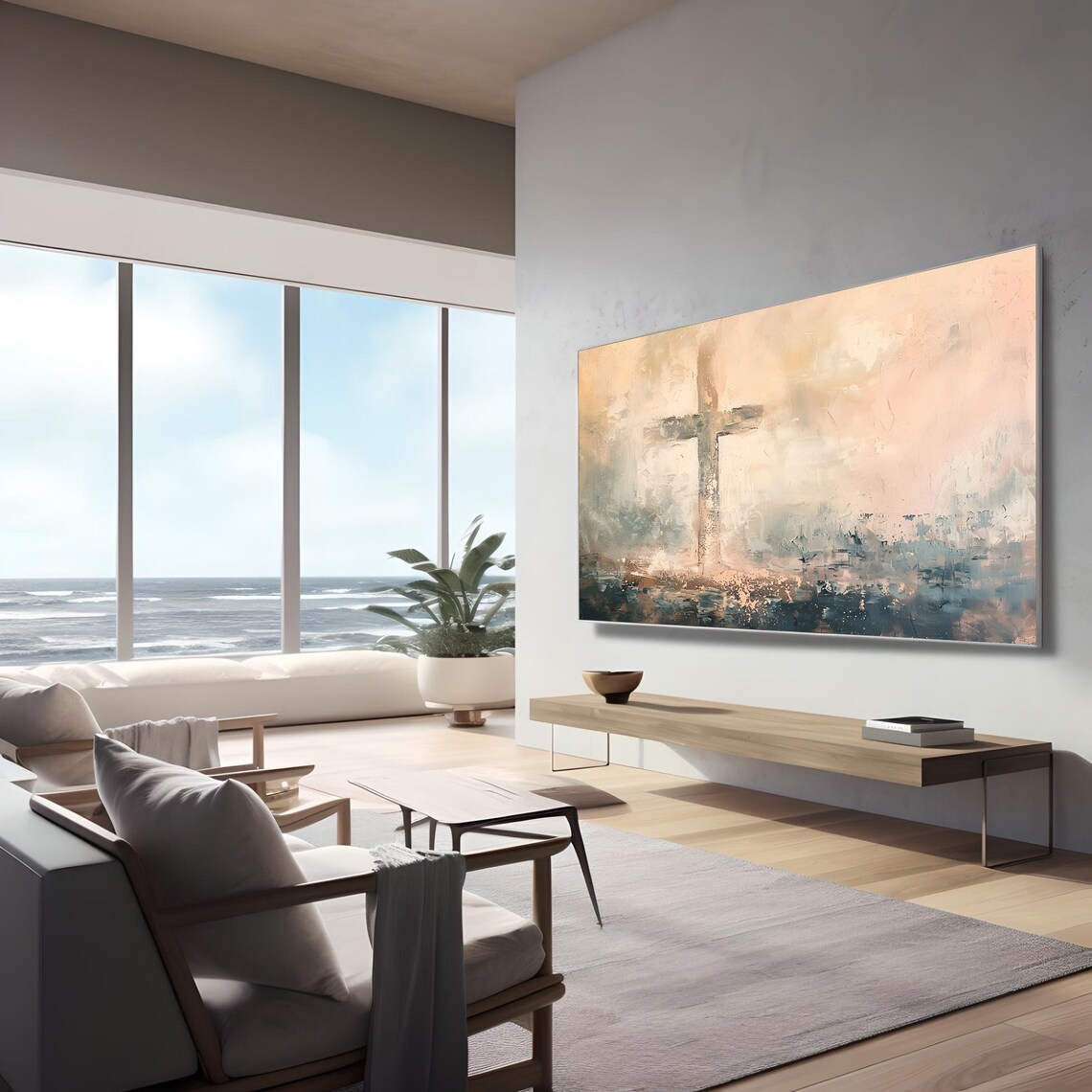 Abstract Cross Sunrise Ocean Christian Faith Hope Dawn Wall Art - Image 3