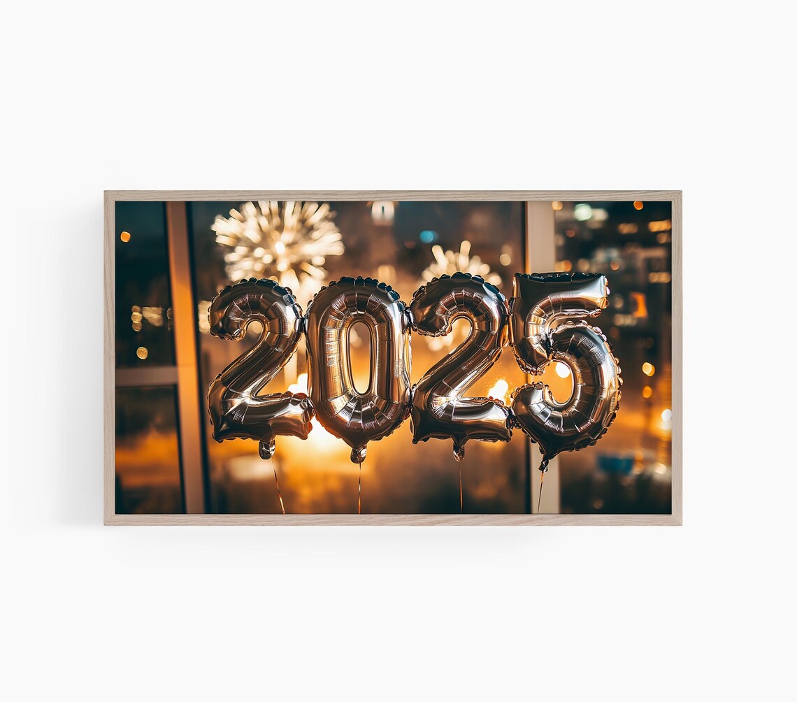 Silver 2025 Foil Number Balloons Fireworks Night Party Poster