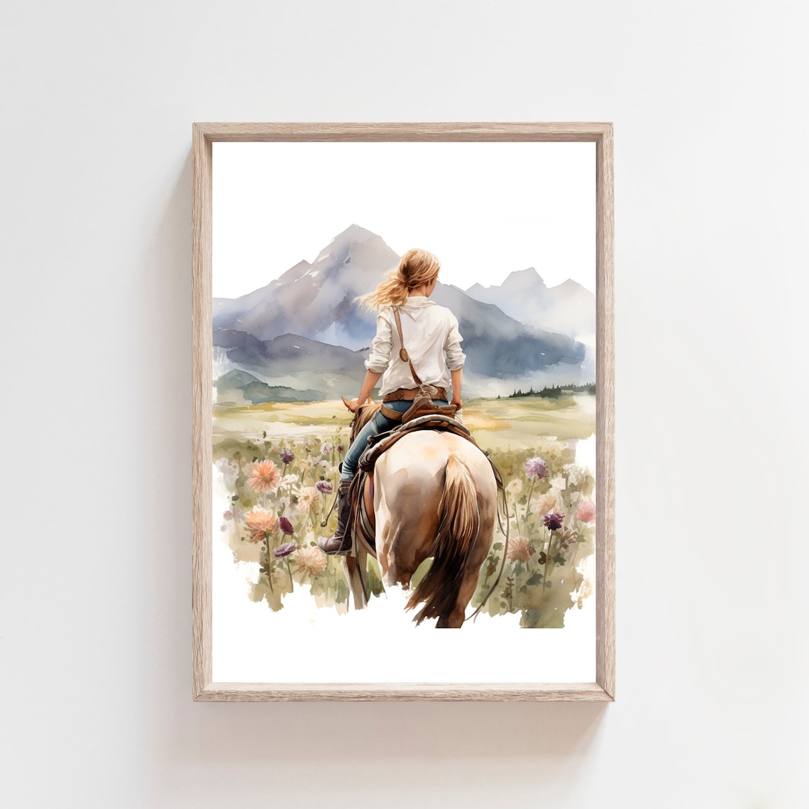 Girl On Horseback Facing Mountain Peaks Wildflower Watercolor Wall Art