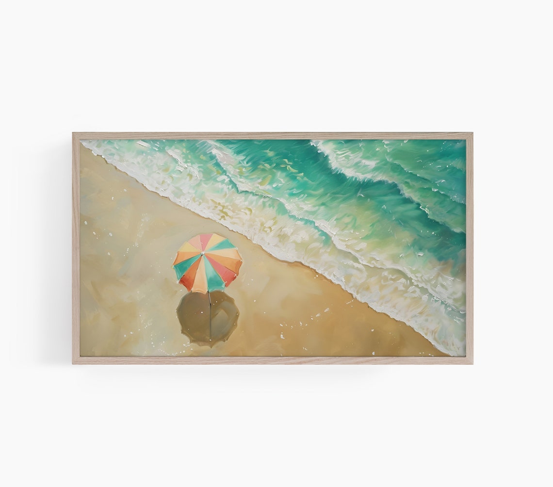 Aerial Rainbow Beach Umbrella Turquoise Surf Painting Art Poster