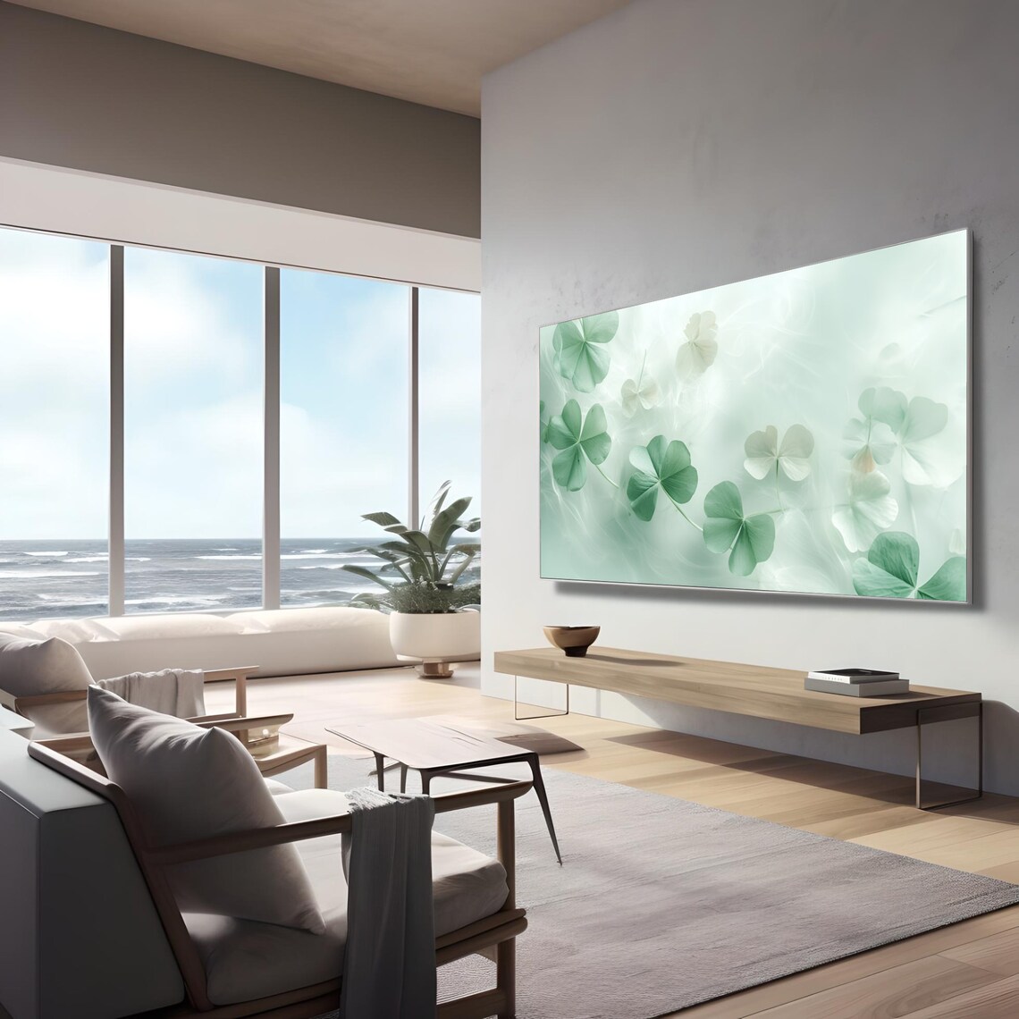 Calm Pale Green Clovers Floating Minimal Spring Decor Art Poster - Image 2