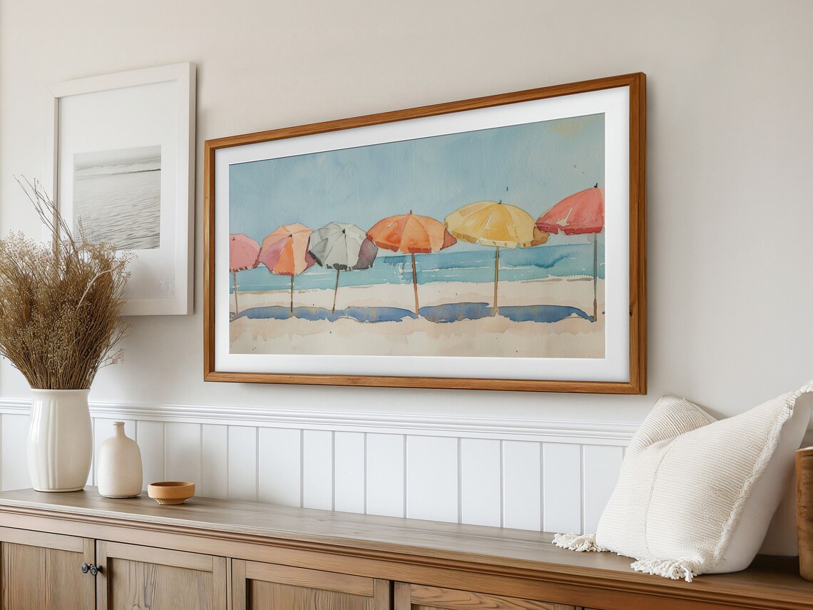 Six Colorful Beach Umbrellas Row Watercolor Seaside Art Poster - Image 3