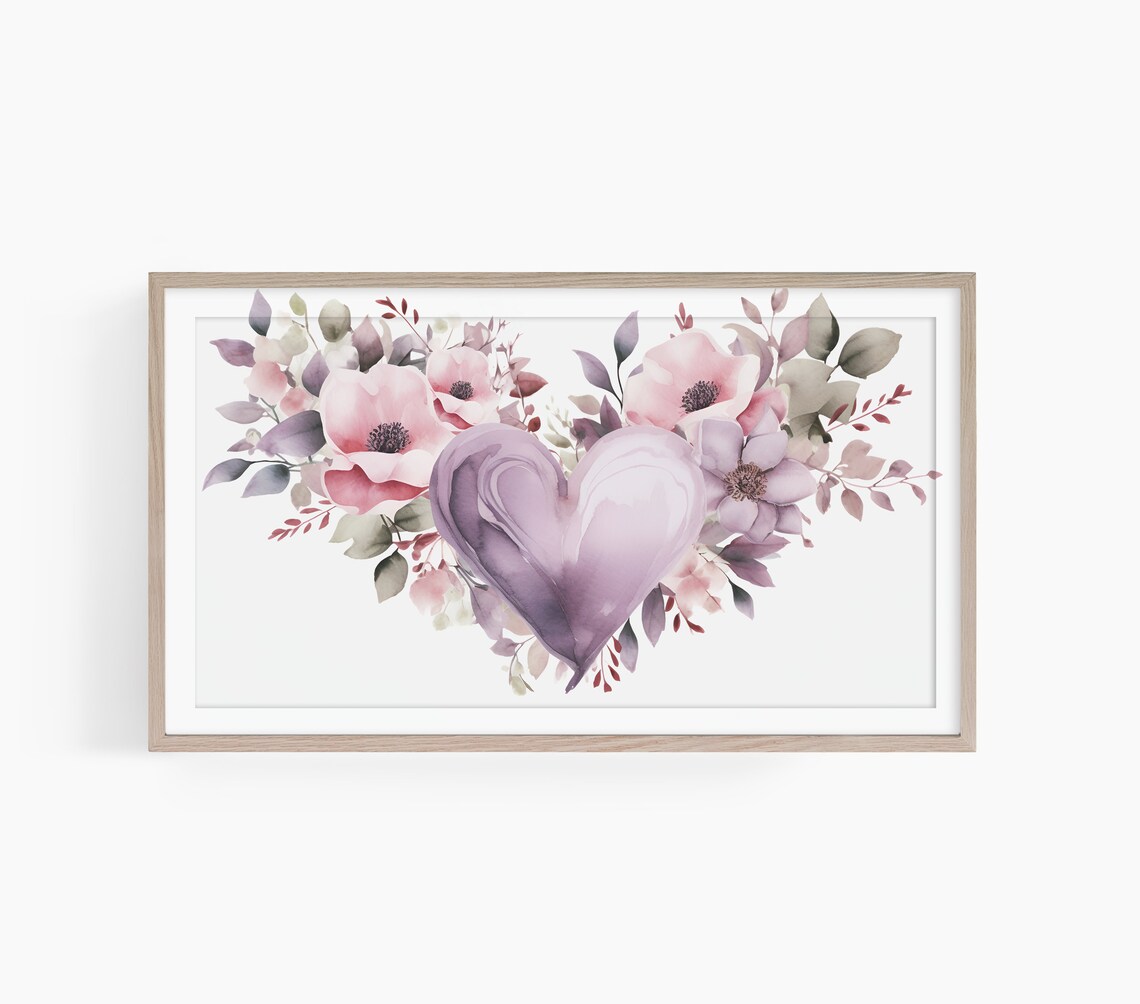Purple Watercolor Heart Floral Painting Poster Romantic Gift
