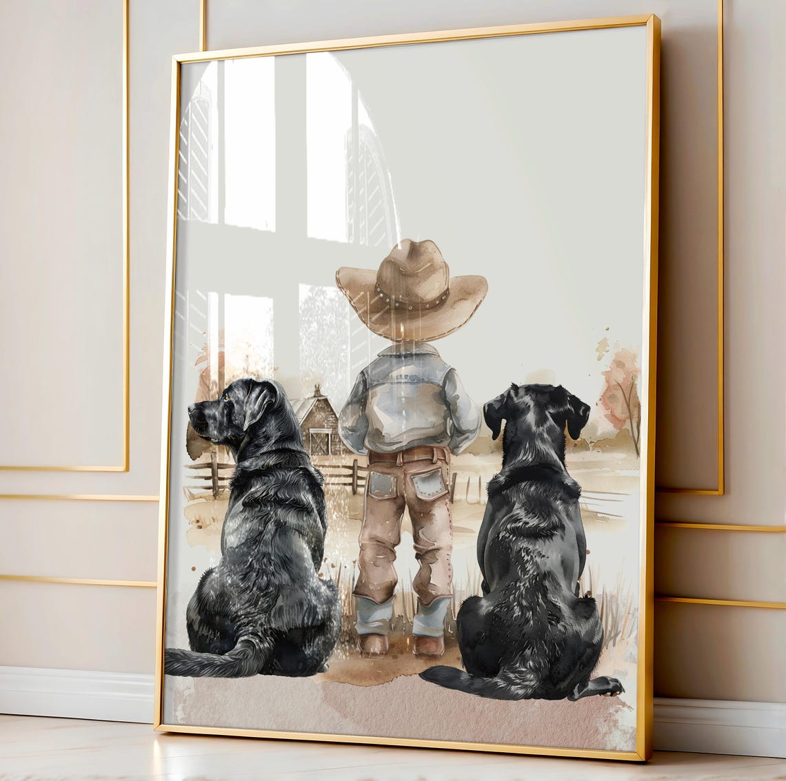 Cowboy Boy With Two Black Labradors Barn Watercolor Nursery Poster - Image 3