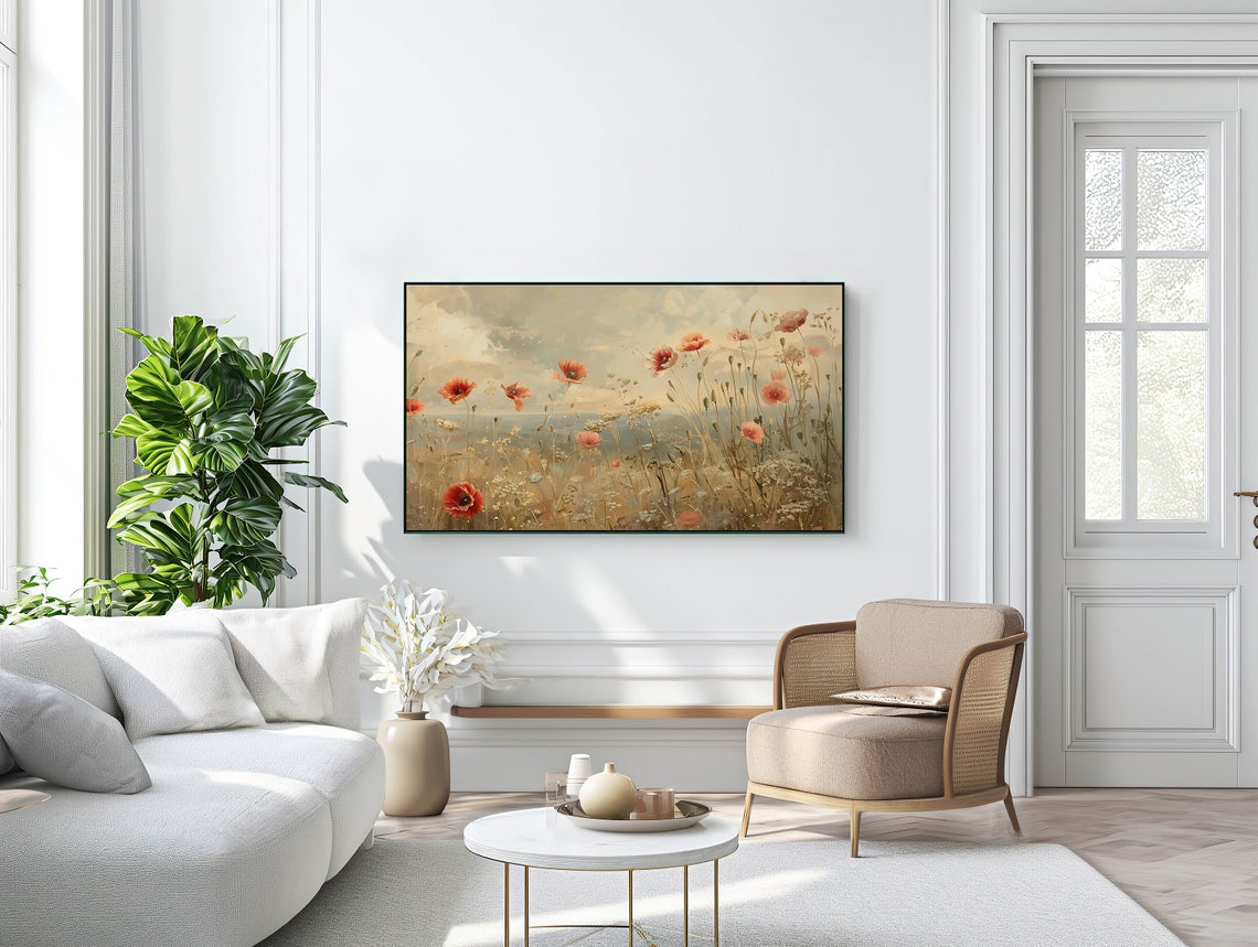 Red Poppies Coastal Meadow Vintage Summer Flower Field Wall Art - Image 3