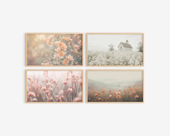 Spring Floral Gallery Set Blush Blossom Country Church Wall Art