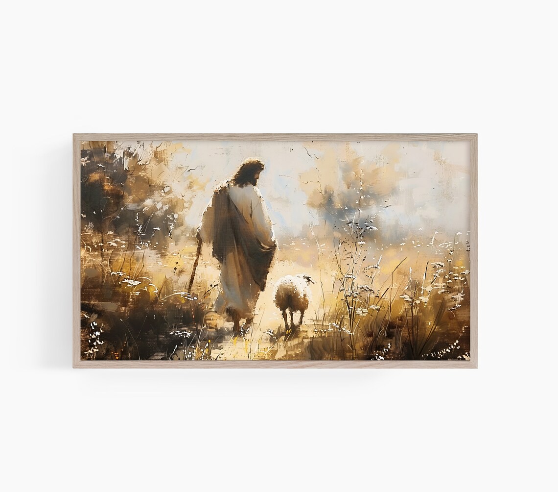 Jesus Walking With Sheep Golden Light Christian Faith Wall Art