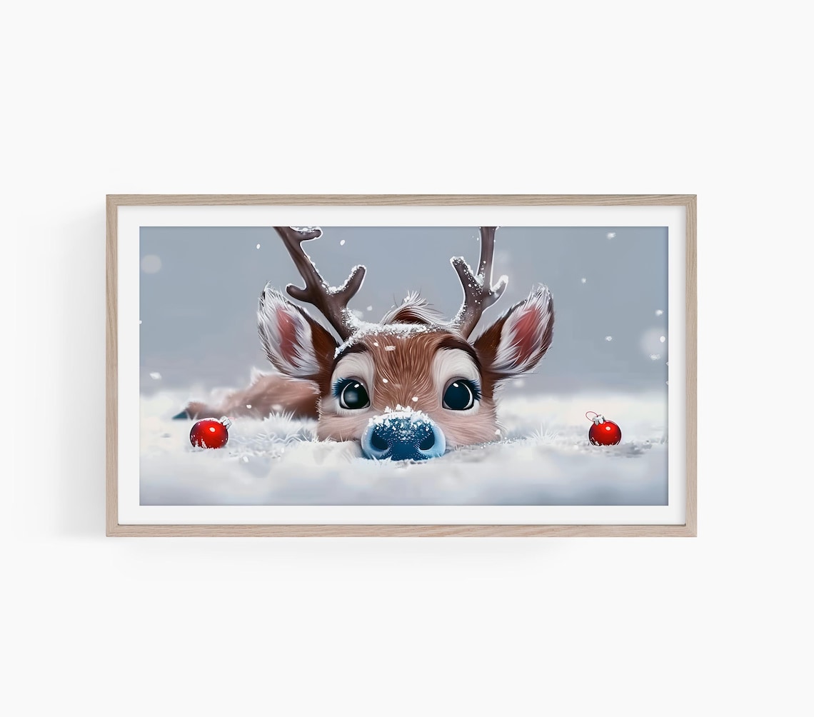 Cute Baby Reindeer Snowy Christmas Art With Red Ornaments Poster
