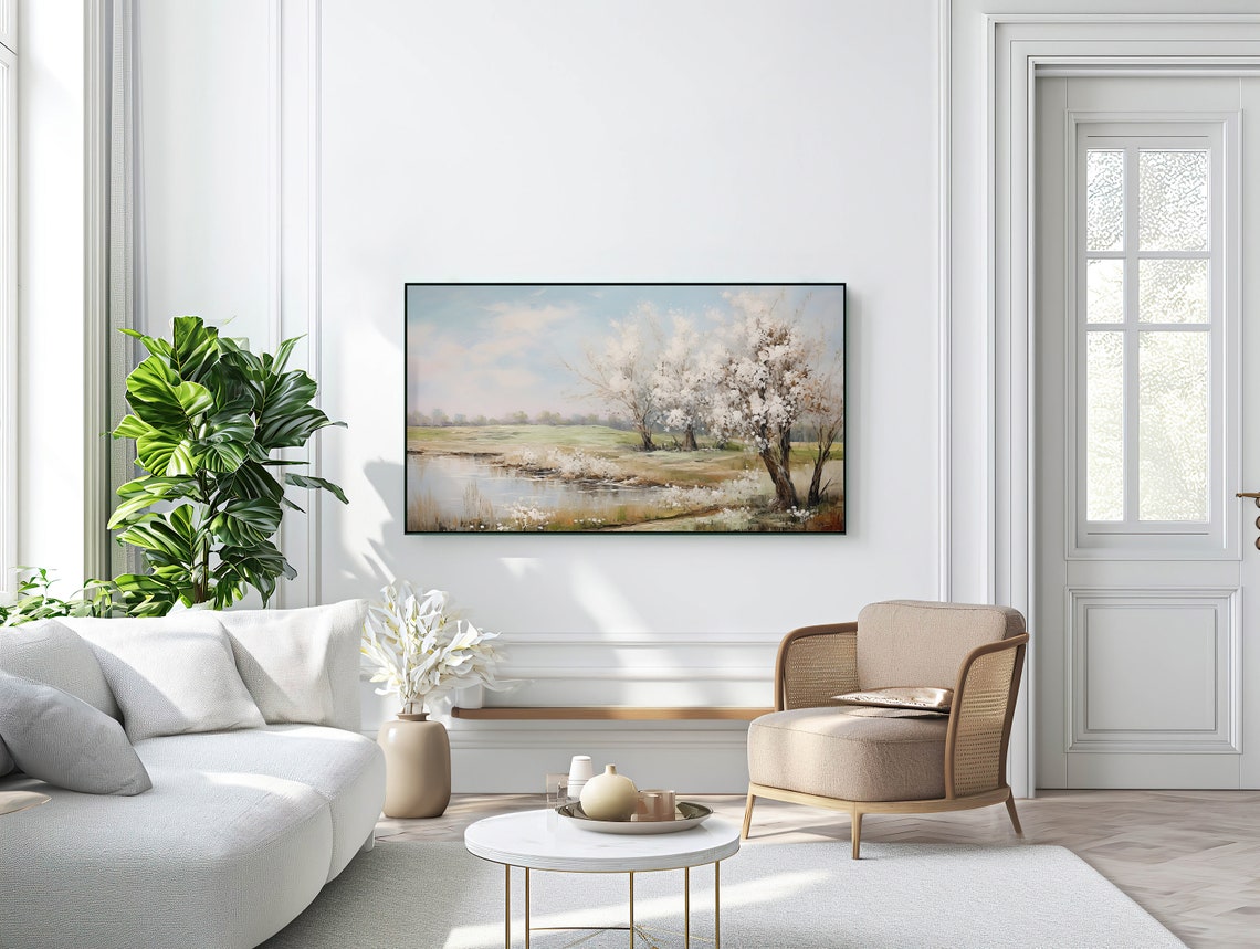 Spring Blossom Trees Pond Pastel Landscape Painting Art Poster - Image 3