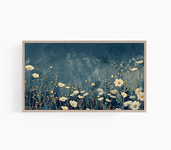 White Wildflowers Night Sky Dark Teal Botanical Floral Wall Art
