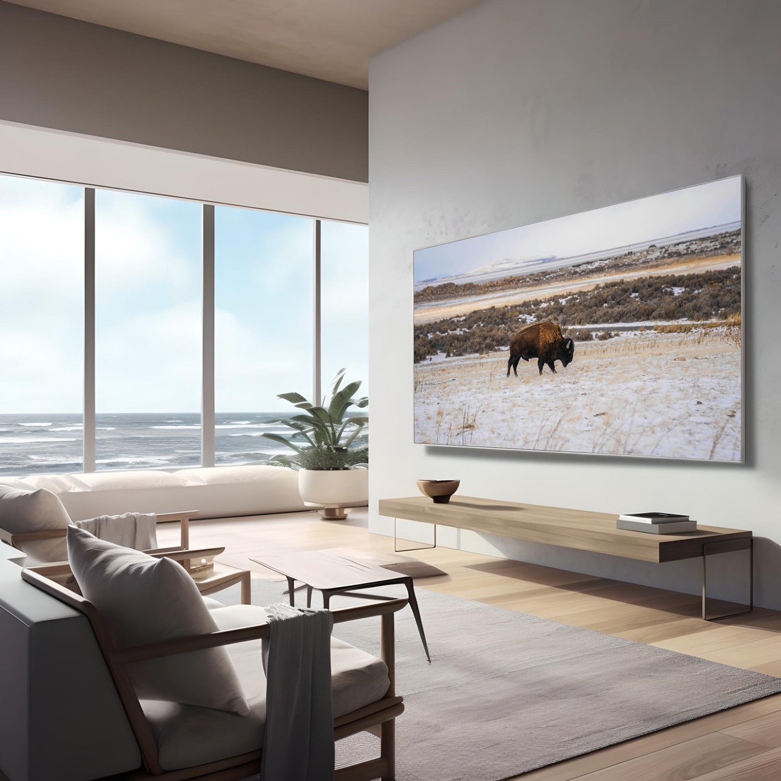 American Bison Crossing Snowy Prairie Winter Wildlife Nature Poster - Image 3