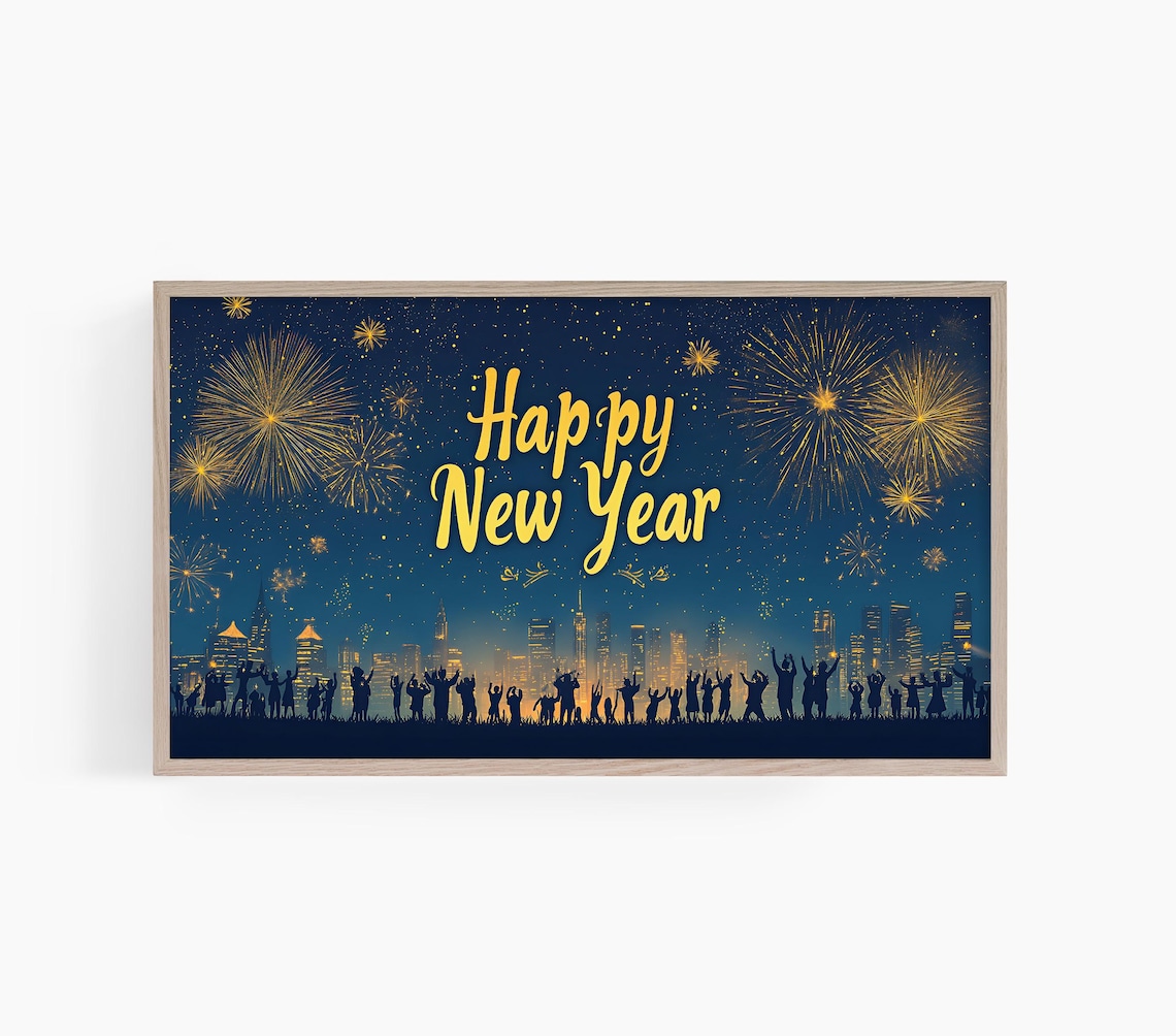 Happy New Year Gold Script Fireworks Celebration City Poster