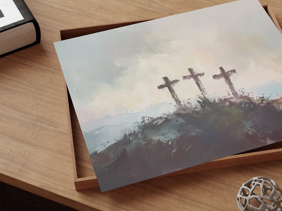 Three Crosses on Hill Painterly Sky Soft Christian Faith Poster - Image 2