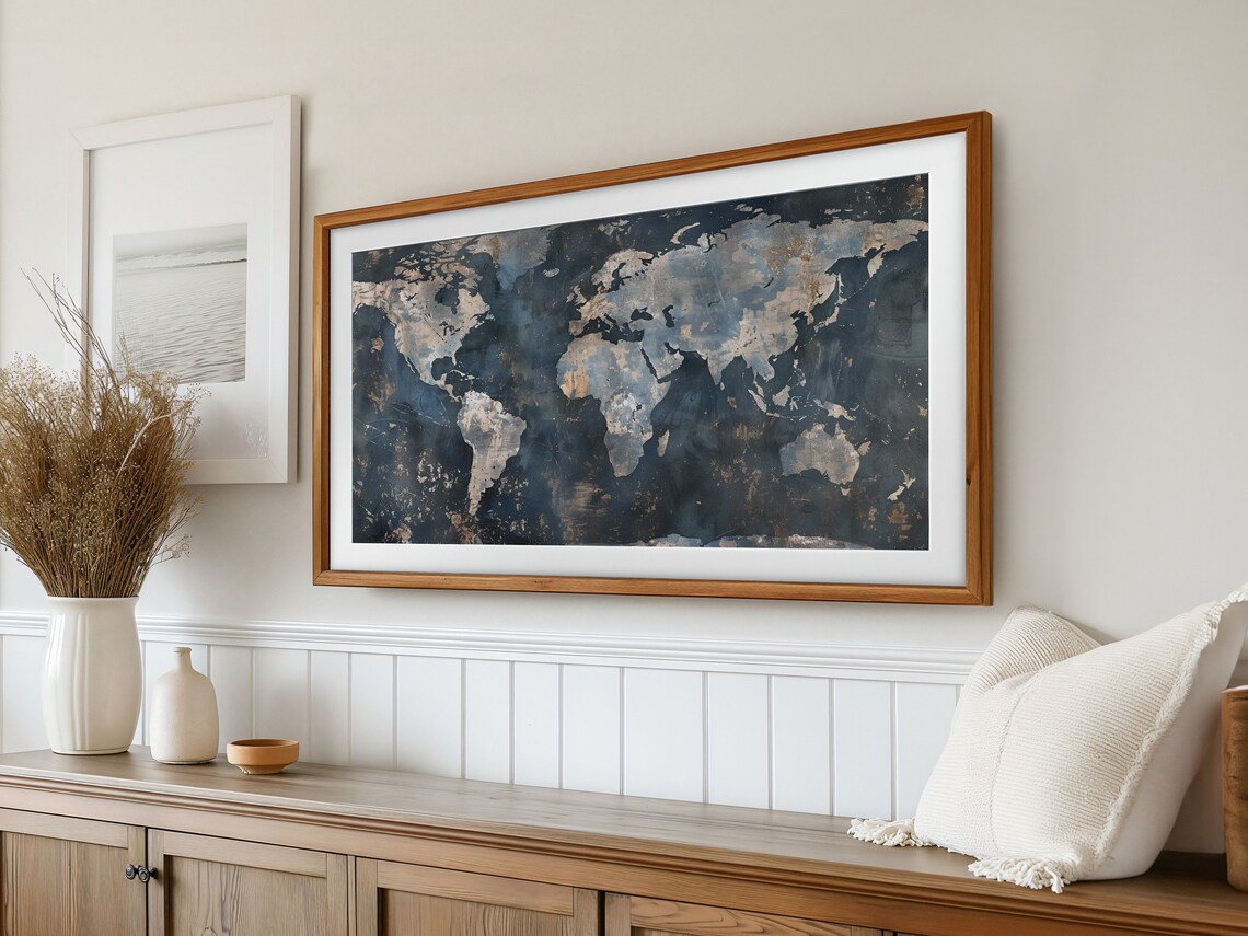 Vintage World Map Distressed Navy Global Continents Travel Poster - Image 2
