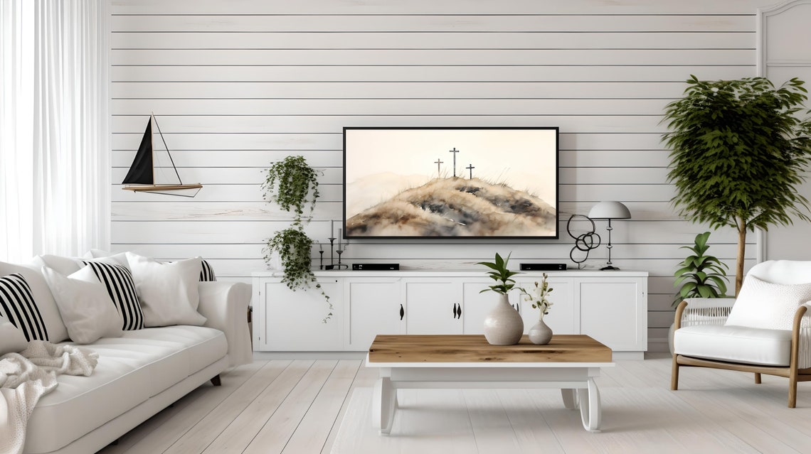 Three Crosses on Hill Painterly Sunset Christian Faith Poster - Image 3