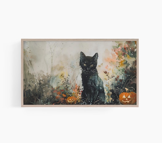Black Cat Watercolor Halloween Pumpkin Autumn Garden Nursery Wall Art