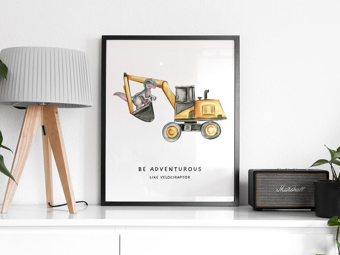 Dinosaur Velociraptor Nursery Construction Truck Art Print - Image 2