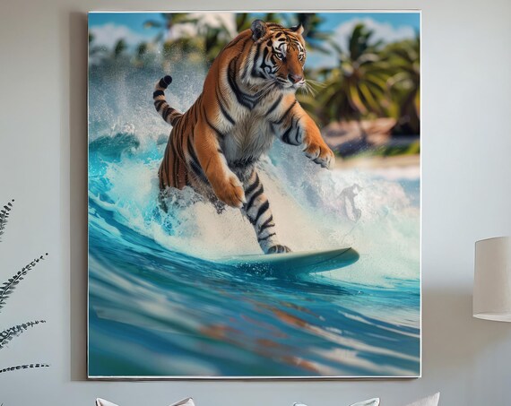 Tiger Print Surfing Funny Animal Poster