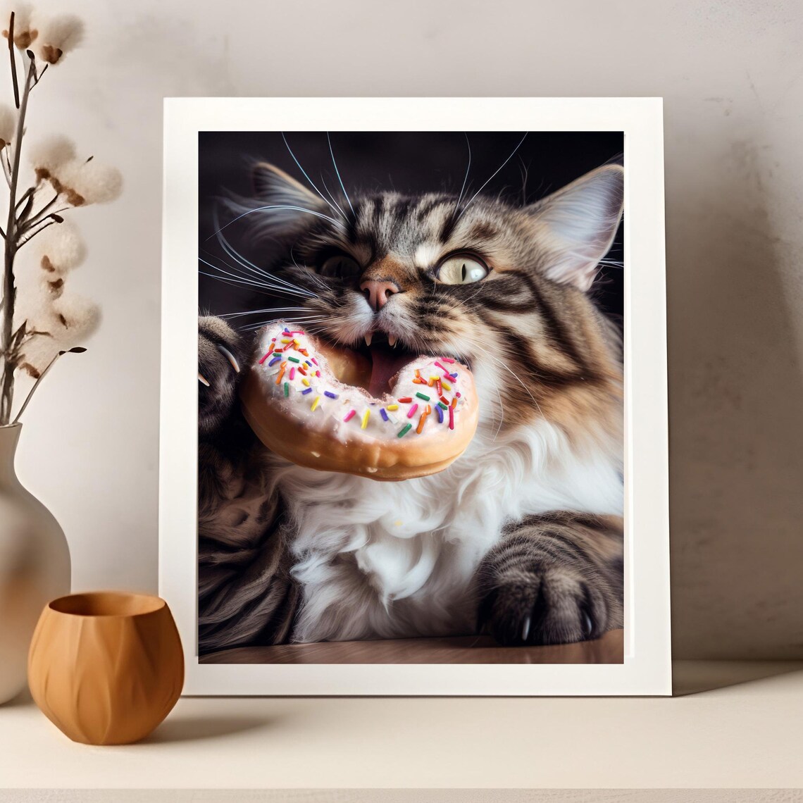 Funny Cat Eating Donut, Cute Kitchen Wall Art