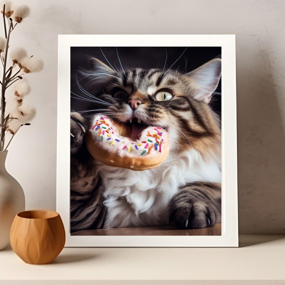Funny Cat Eating Donut, Cute Kitchen Wall Art