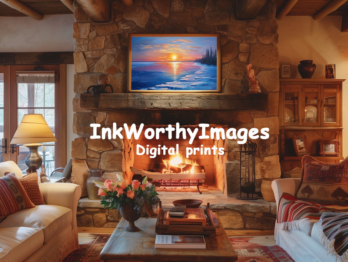 Vibrant Sunset Winter Landscape, Frozen Lake Art - Image 3
