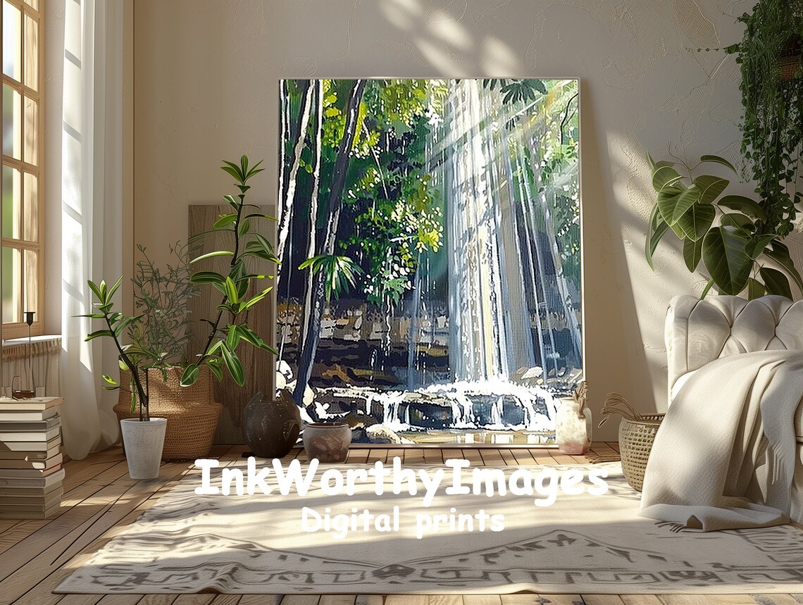 Sunlit Tropical Waterfall Jungle Serenity Art Print - Image 2