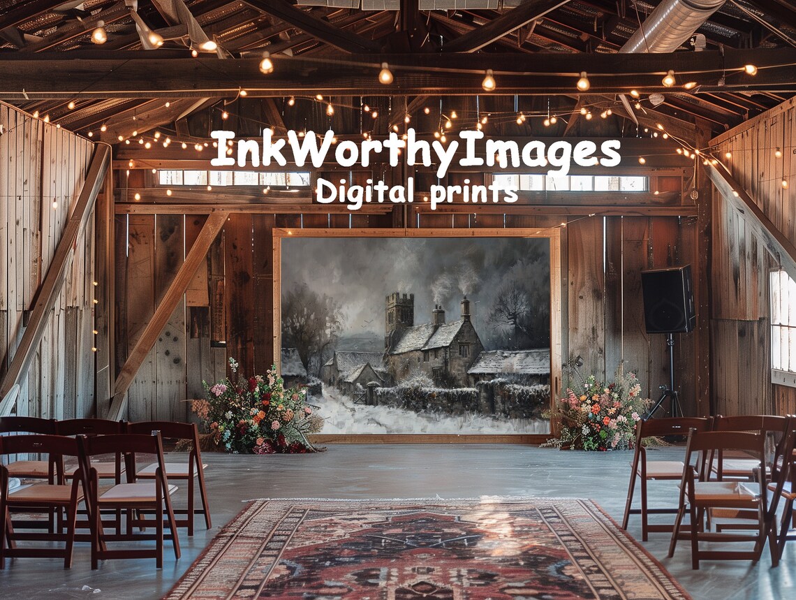 Snowy Village Church Painting, Gothic Winter Scene - Image 6