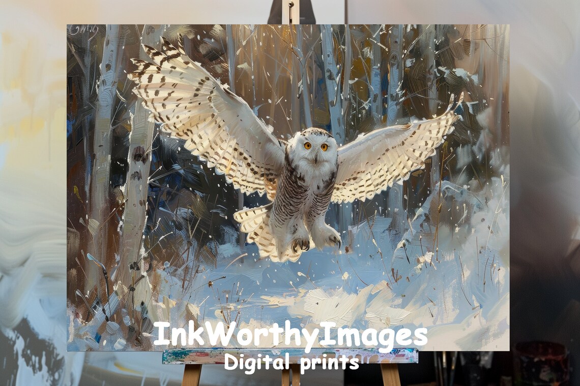 Snowy Owl In Flight, Winter Forest Wildlife Art Print