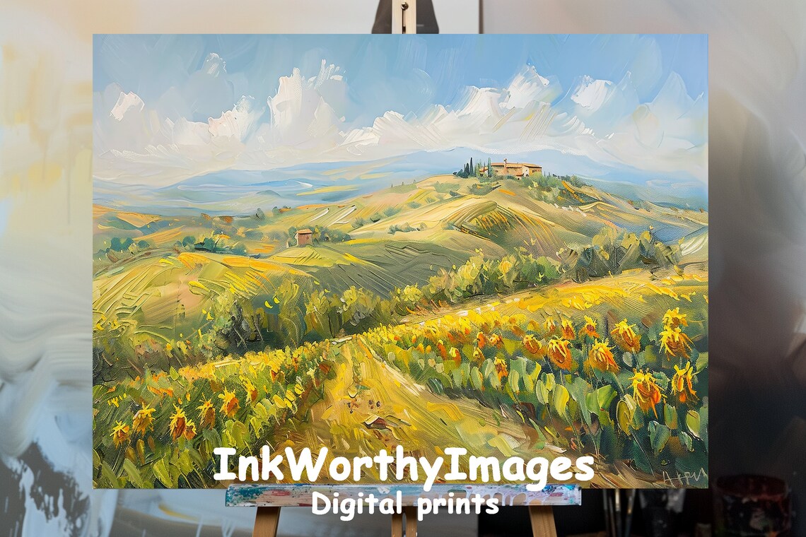 Sunflower Fields Landscape, Tuscan Countryside Art