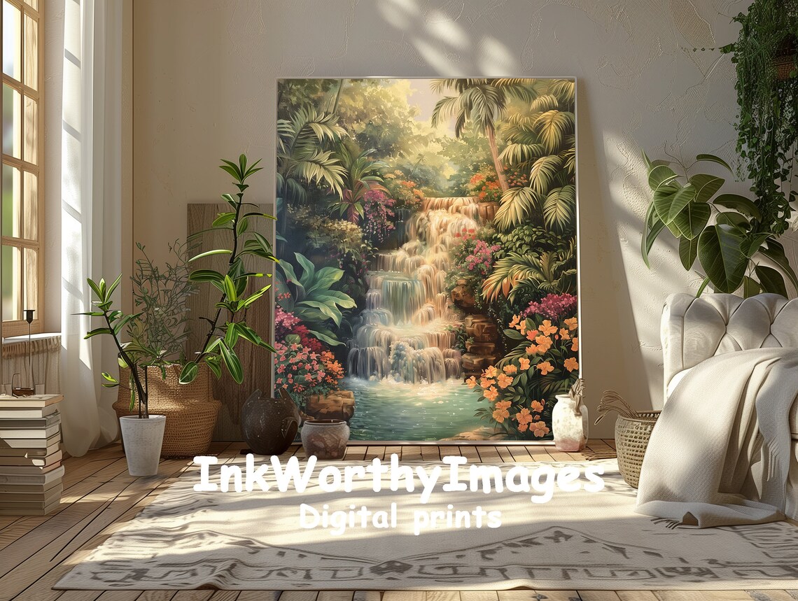 Tropical Waterfall Paradise Painting, Exotic Landscape - Image 5
