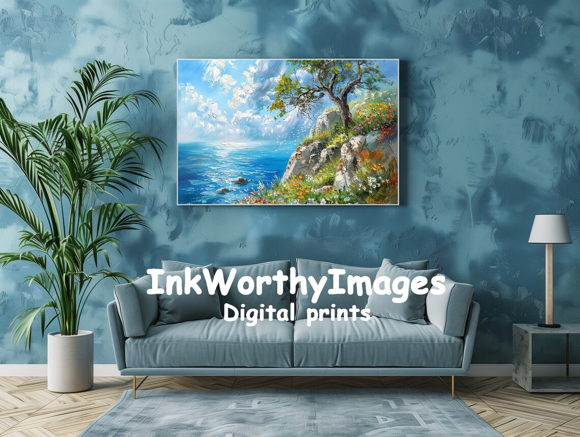 Olive Tree, Vibrant Wildflowers Ocean View Art Print - Image 2