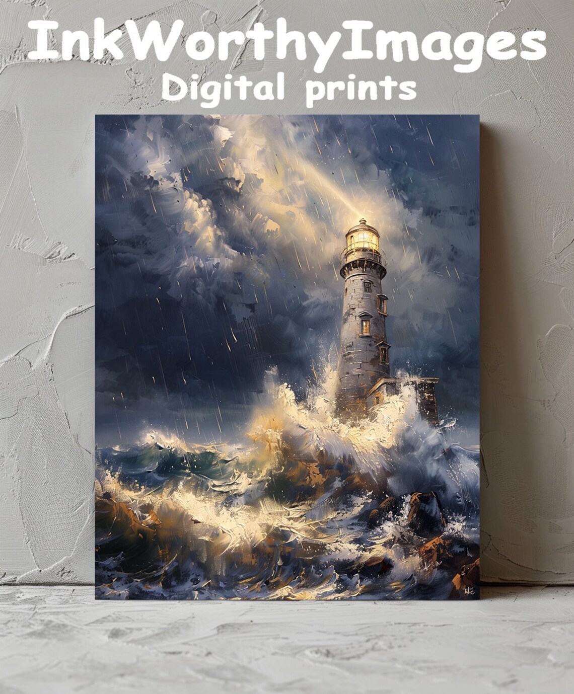 Stormy Lighthouse Scene, Dramatic Seascape Art Print