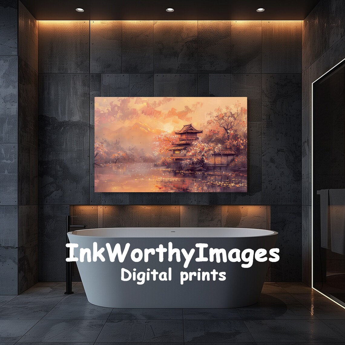 Japanese Pagoda At Sunset, Autumn Lake Landscape Art - Image 5