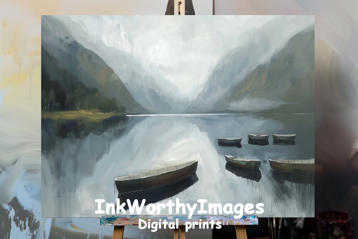 Peaceful Mountain Lake Painting, Serene Landscape