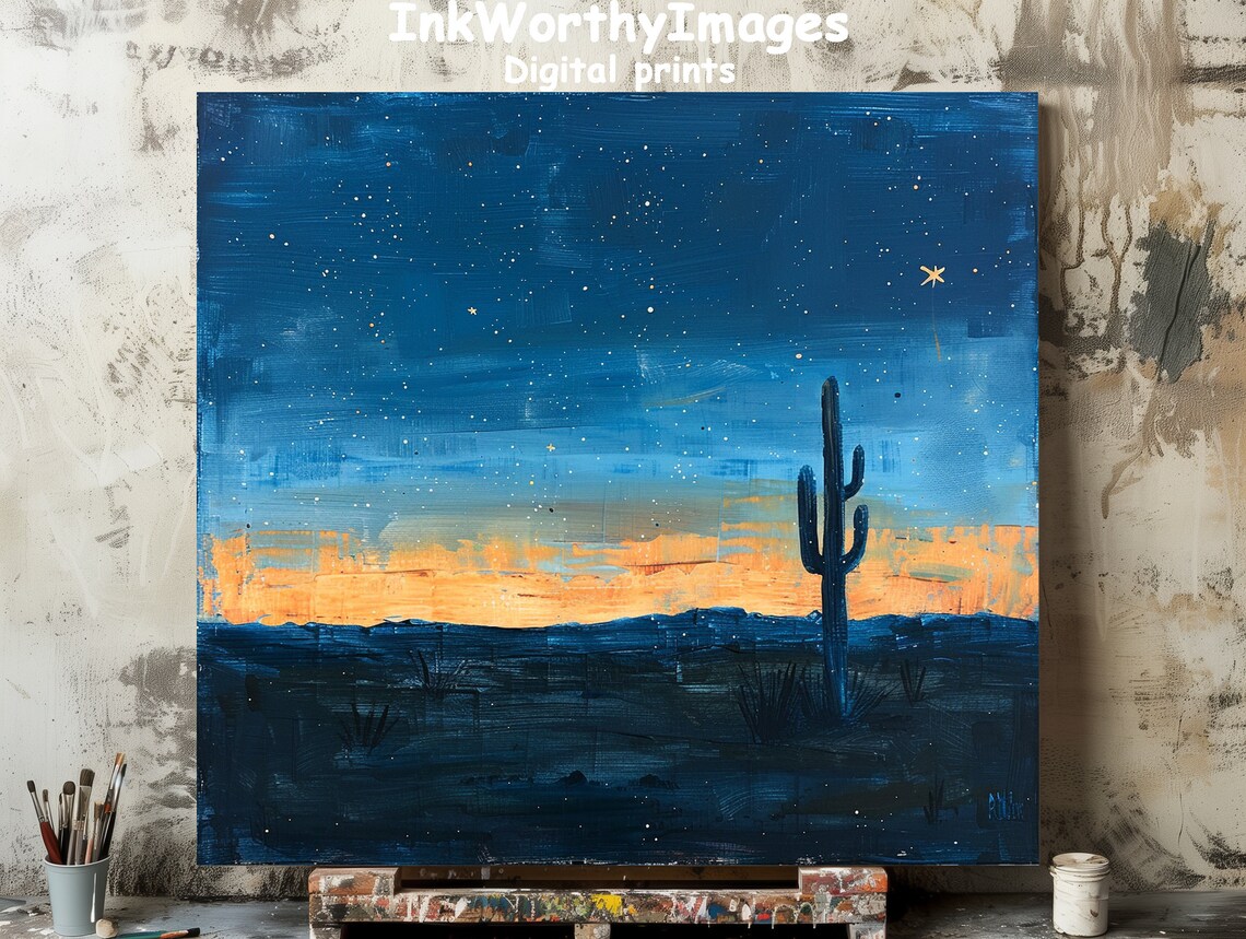 Starry Night Desert Cactus Art Print, Sunset Landscape