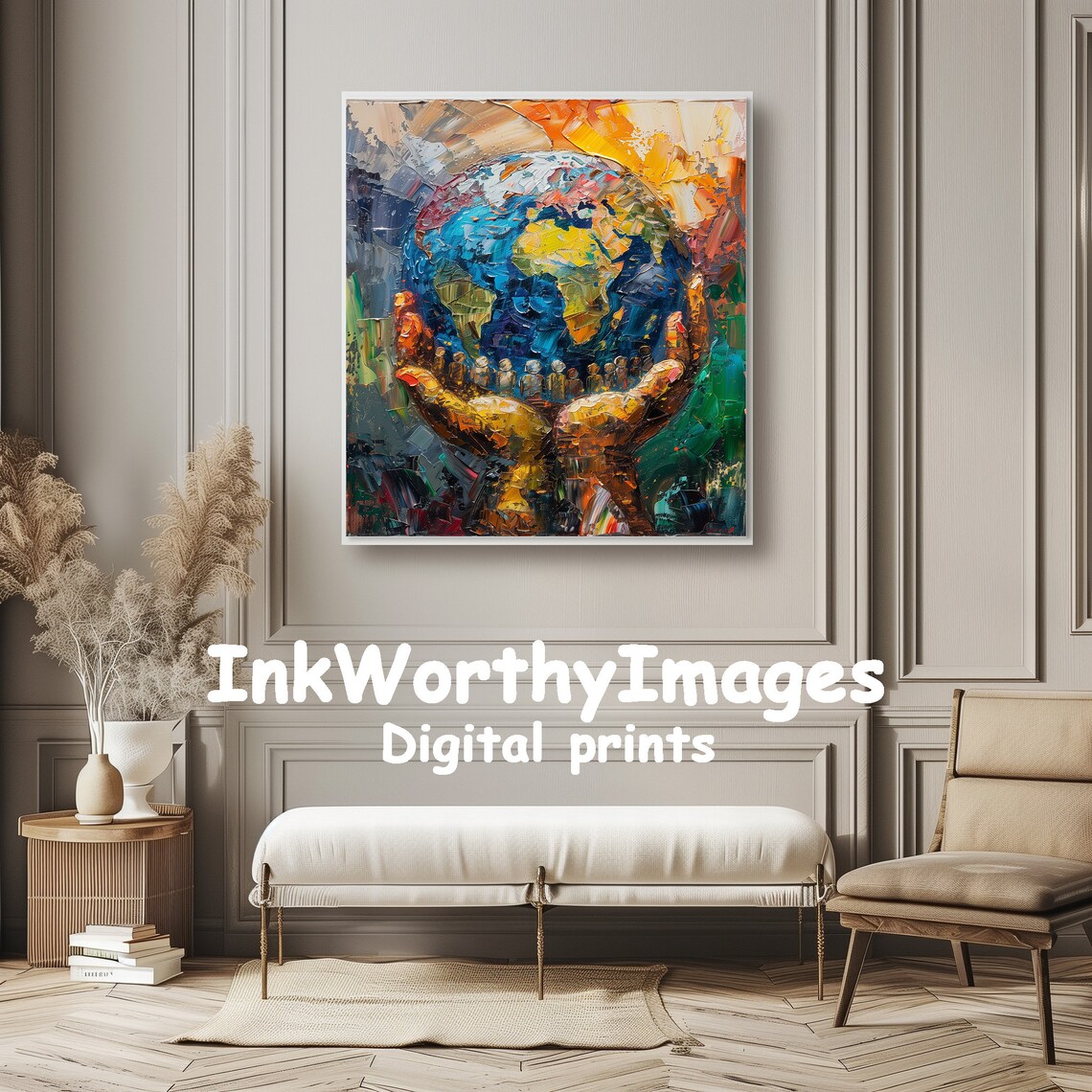 World In Hands, Colorful Earth Unity Decor - Image 6