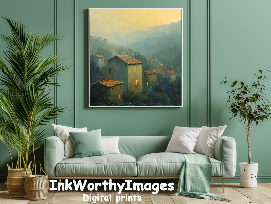 Misty Village Sunrise Art Print, Rustic Landscape - Image 5