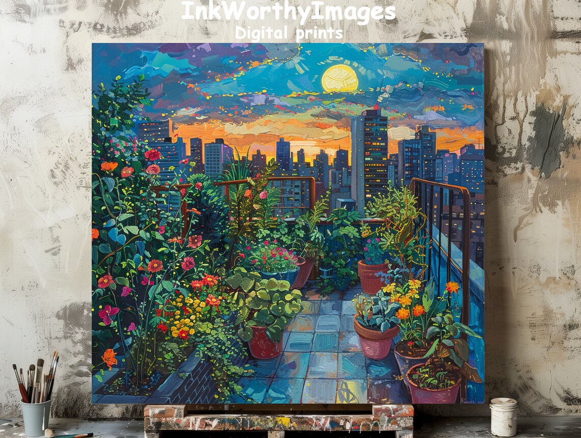 Urban Balcony Garden At Sunset, Lush Cityscape