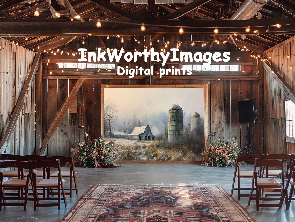 Winter Farm Scene, Rustic Barn And Silos In Fog - Image 6