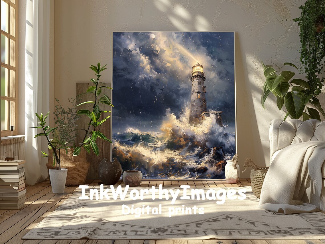 Stormy Lighthouse Scene, Dramatic Seascape Art Print - Image 5