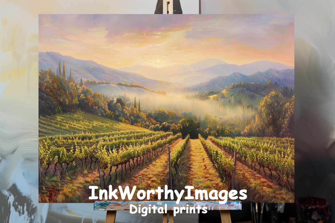 Tuscan Sunrise Vineyard, Italian Countryside Art Print