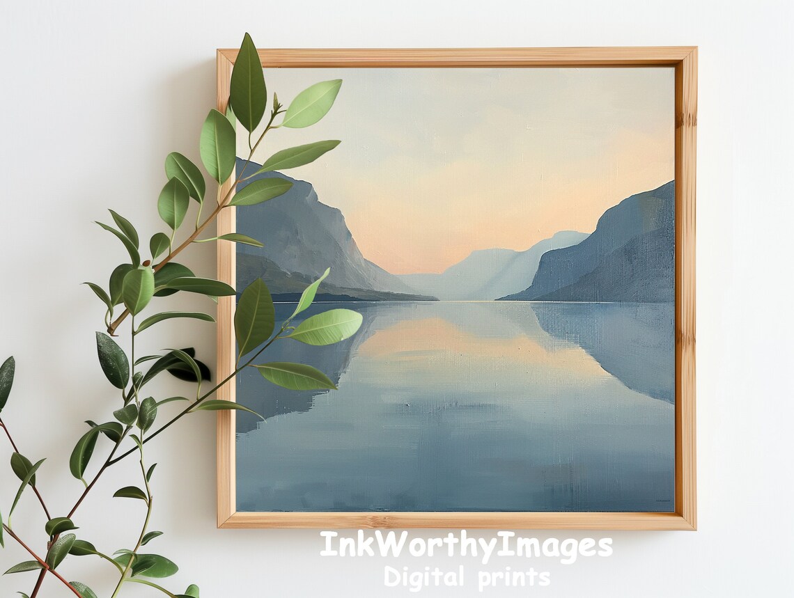 Serene Lake Sunset Landscape Painting, Calm Reflections - Image 6