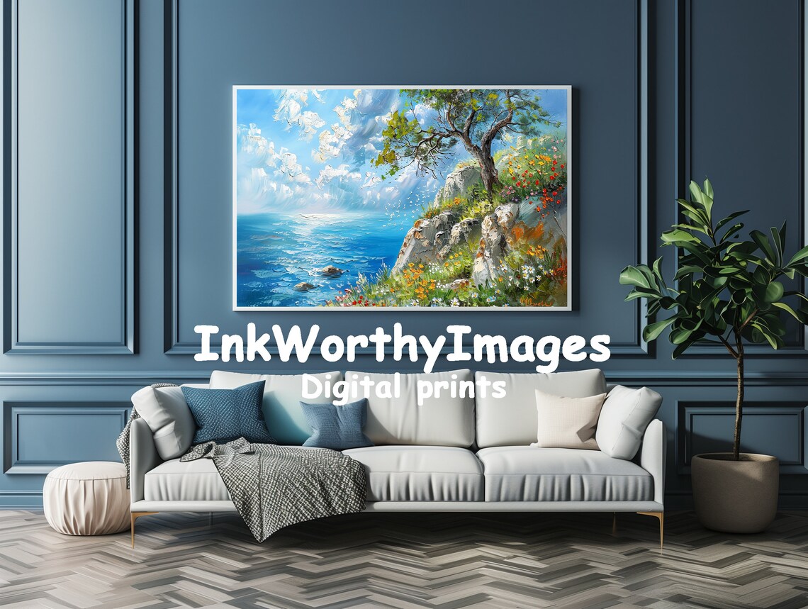 Olive Tree, Vibrant Wildflowers Ocean View Art Print - Image 4